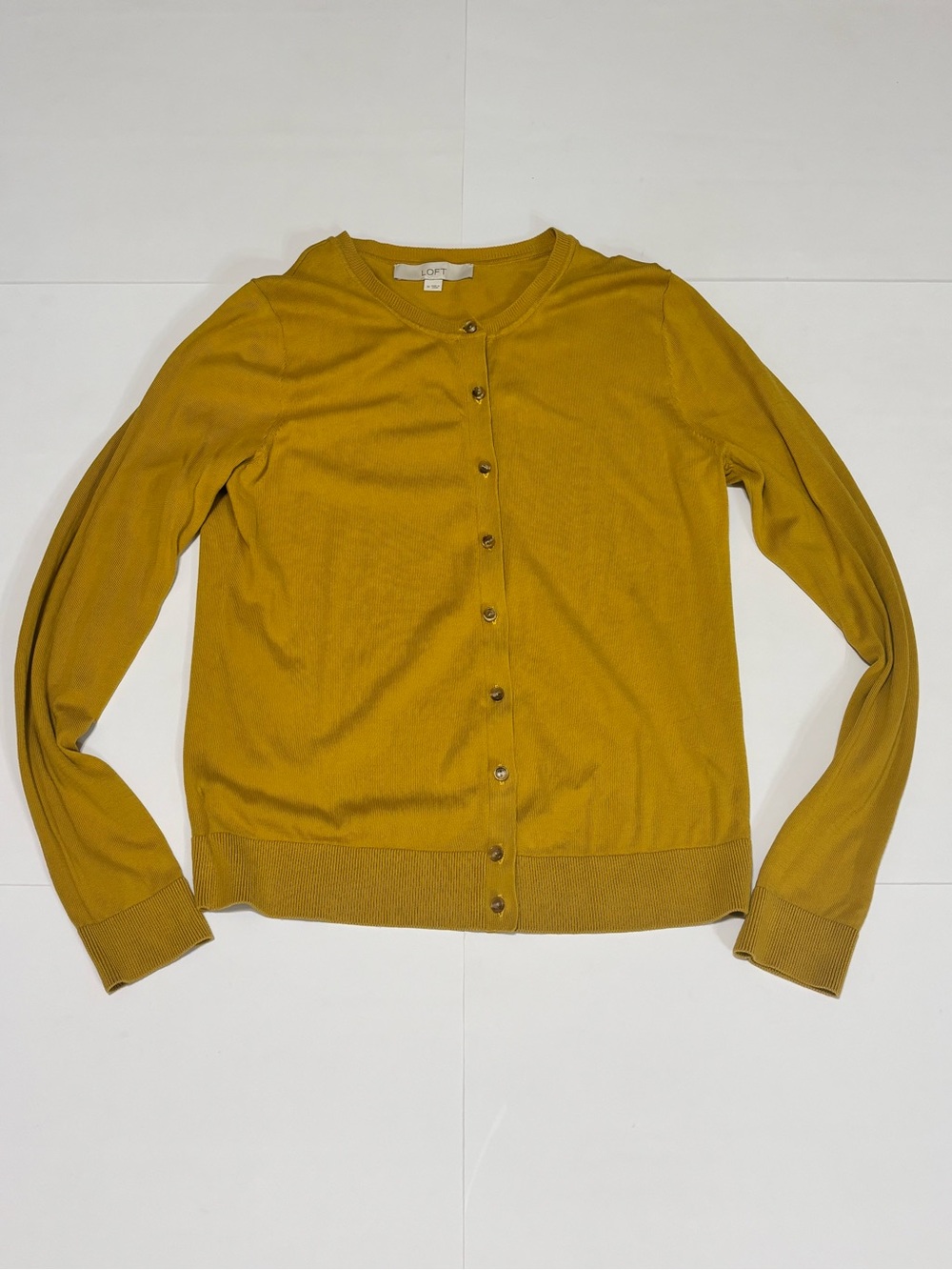 LOFT Mustard Cardigan Button-Front Crewneck